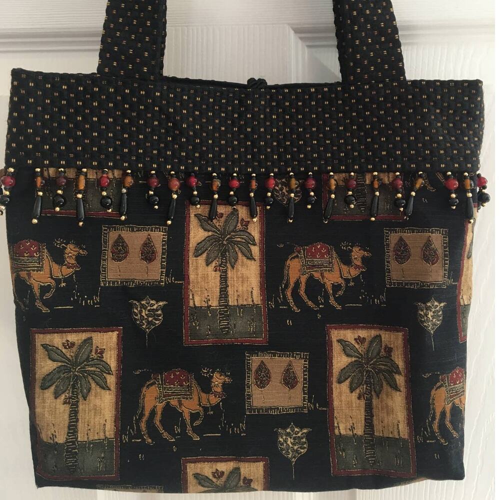 Boutique Linen Tote/Shoulder Bag, Purse Desert Theme, Camels Palm Trees Beading